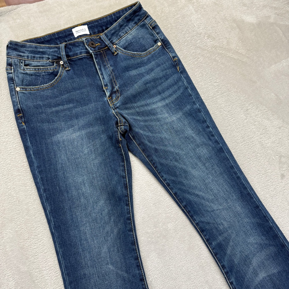 Special A Jeans Women's 5 Y2K Flare Leg Whiskered Dark Wash Denim Casual Style‎